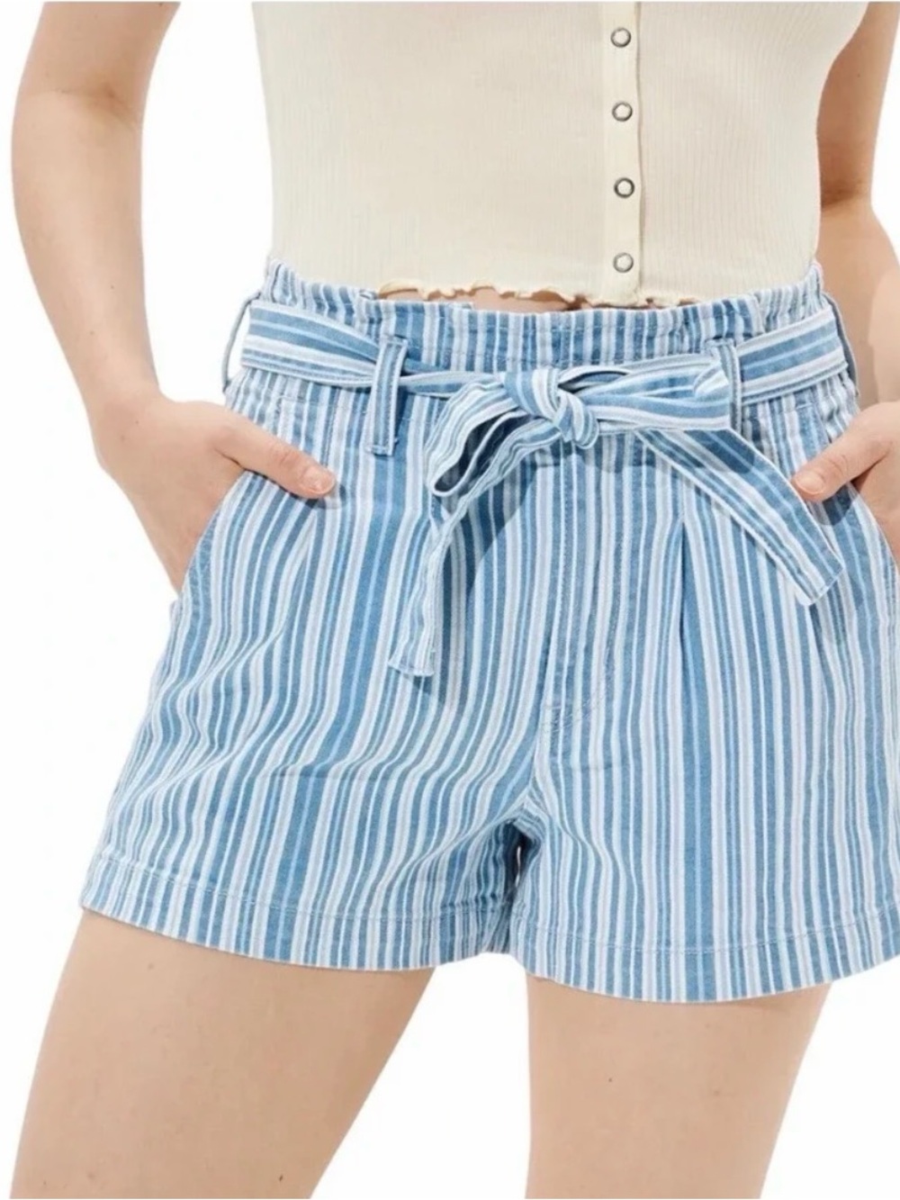 American Eagle Striped Mom Shorts Womens size Blue White High Waist Paperbag